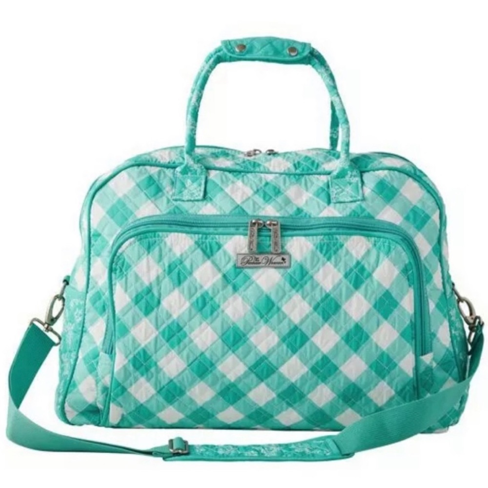 Pioneer Woman Weekender Bag Charming Check Teal & White Quilted Travel Tote